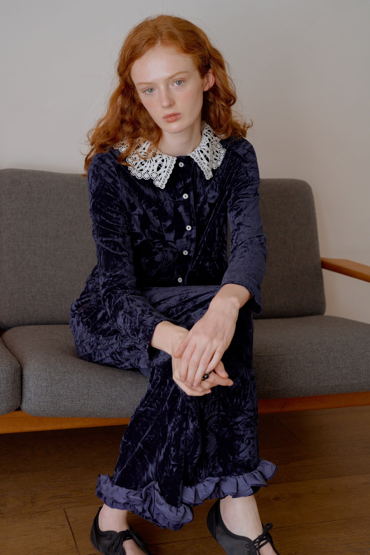 Velour wide pants / navy