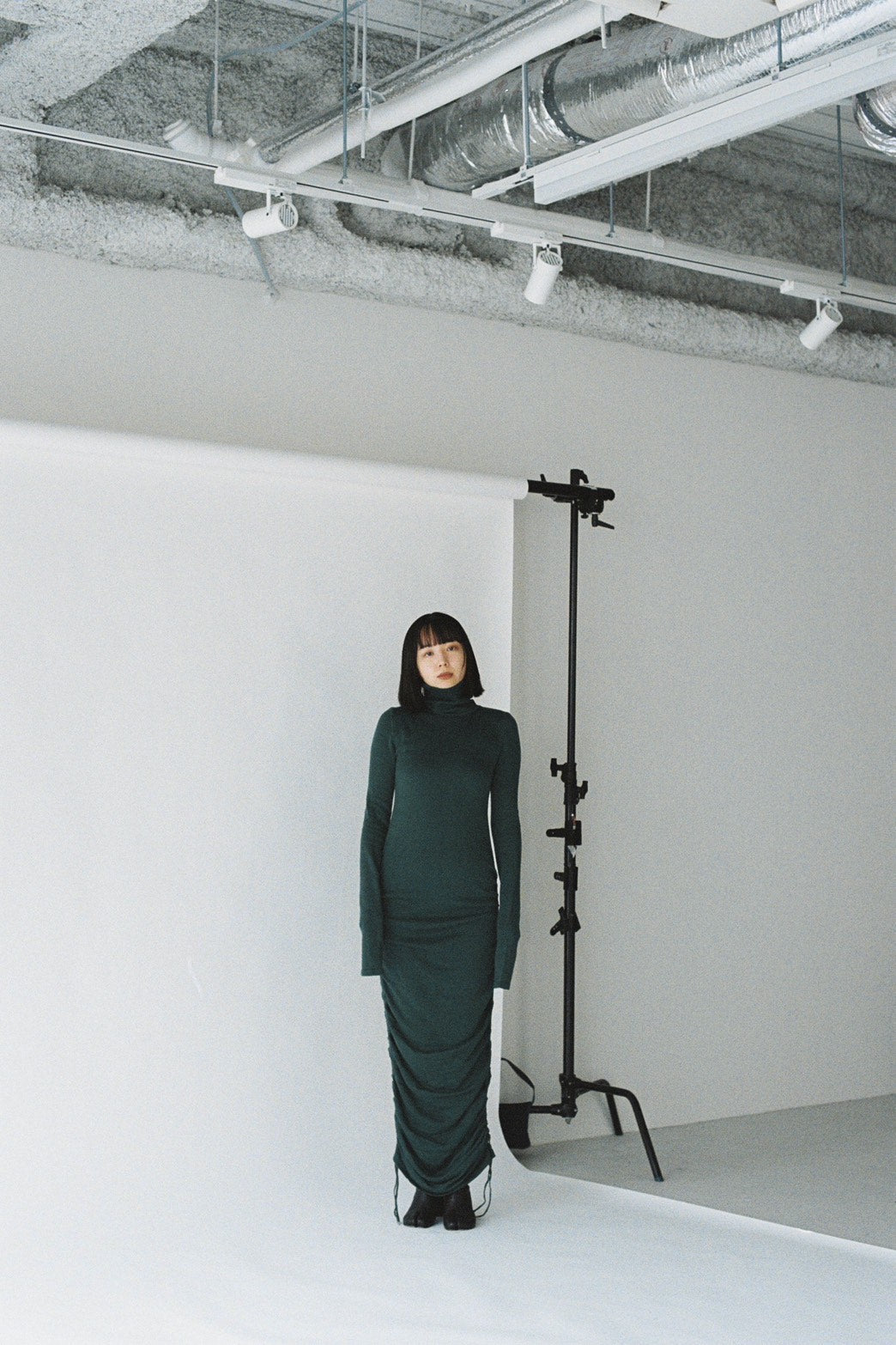 Drawstring knit long dress <Viridian>