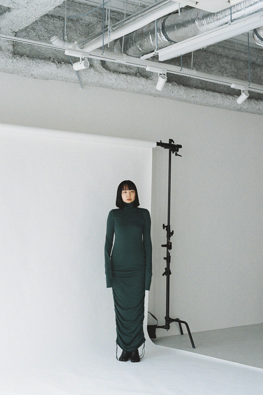 Drawstring knit long dress <Viridian>