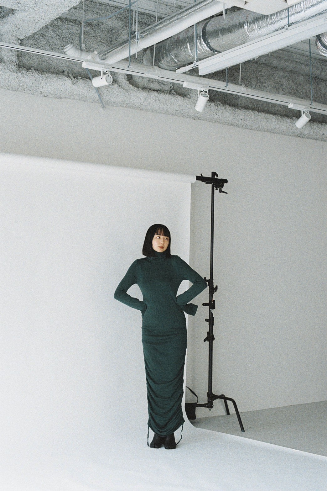 Drawstring knit long dress <Viridian>