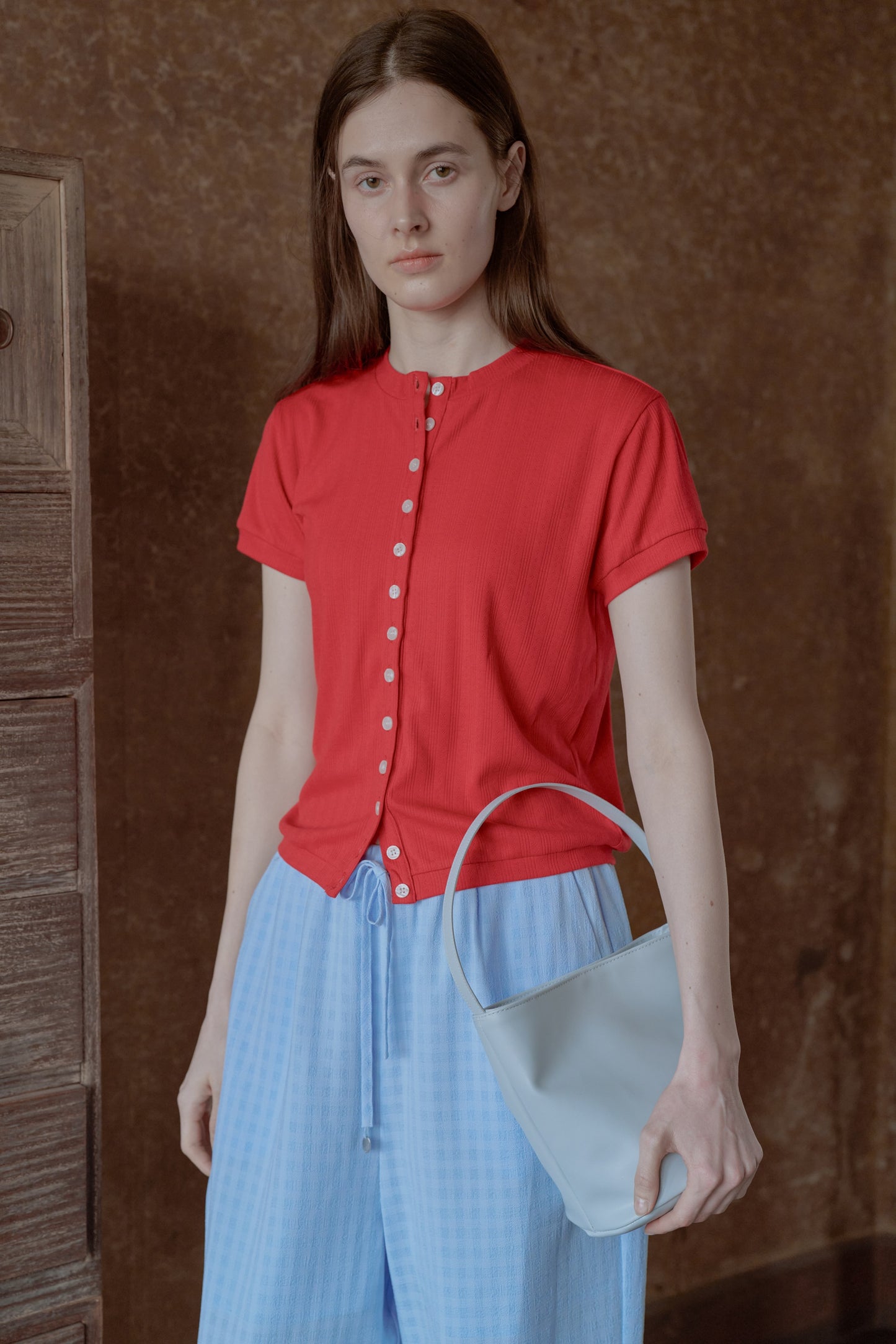 eyelet cut button Tshirt / salvia