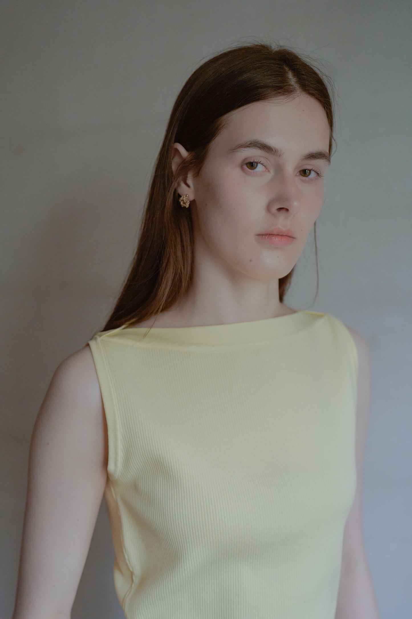Overlap shoulder knit top / lemon syrup
