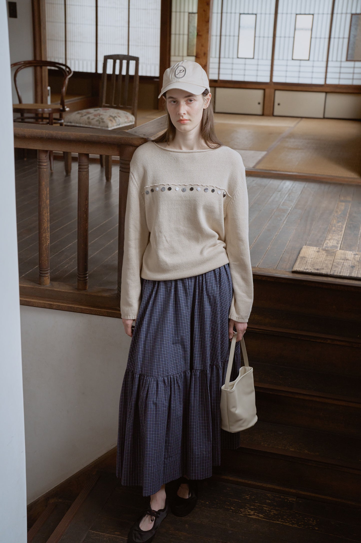 Tattersall check tiered skirt / navy