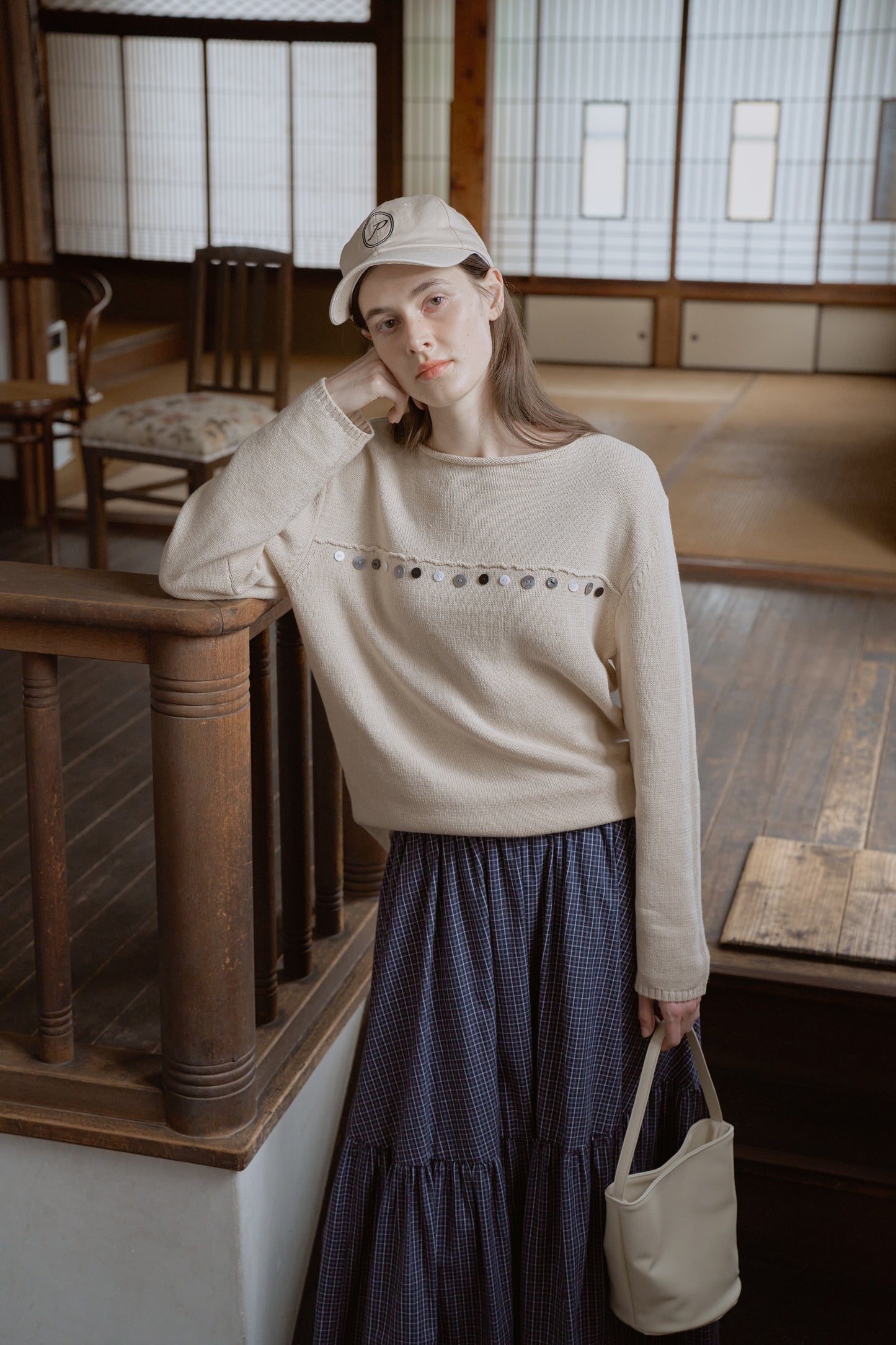 Tattersall check tiered skirt / navy