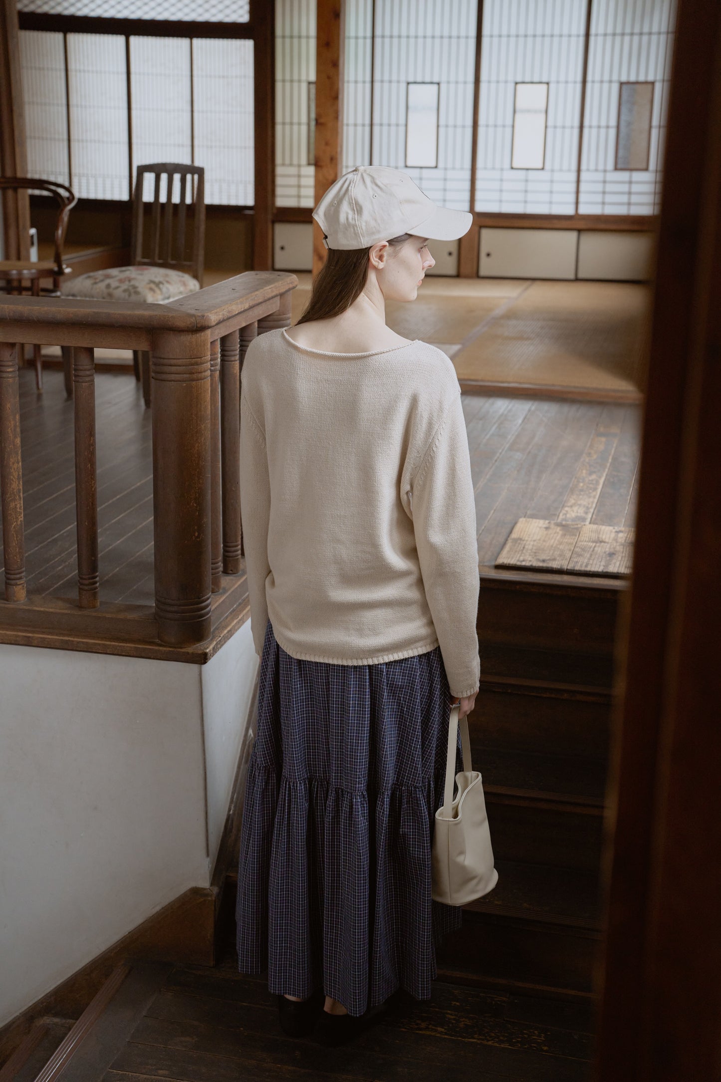 Tattersall check tiered skirt / navy