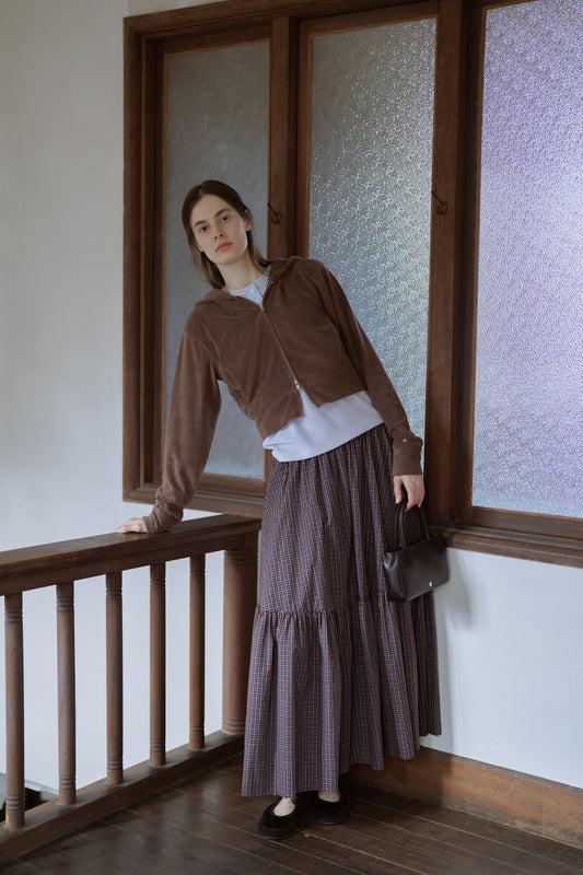 Tattersall check tiered skirt / brown