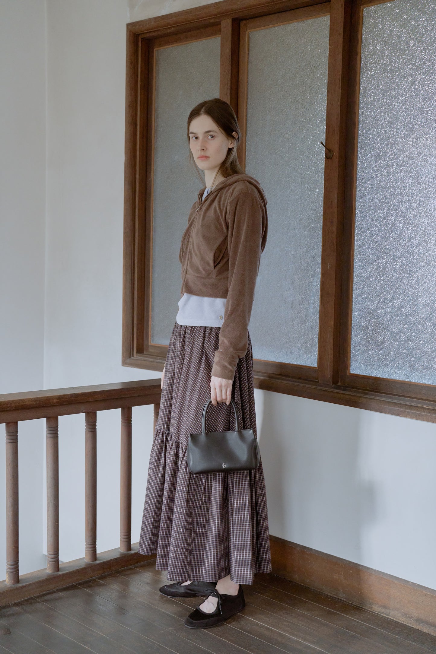 Tattersall check tiered skirt / brown