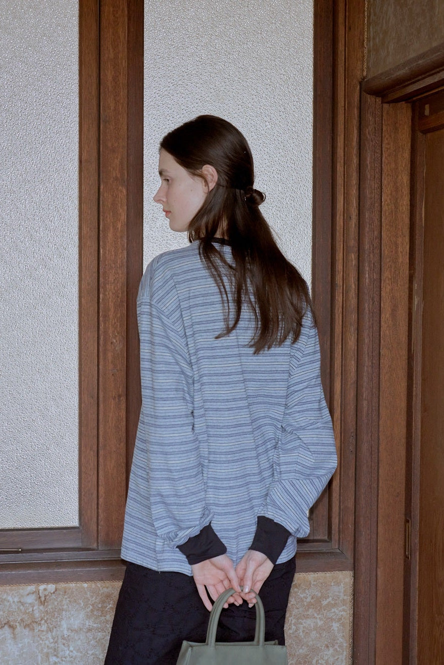 Multi border long T-shirt / gray