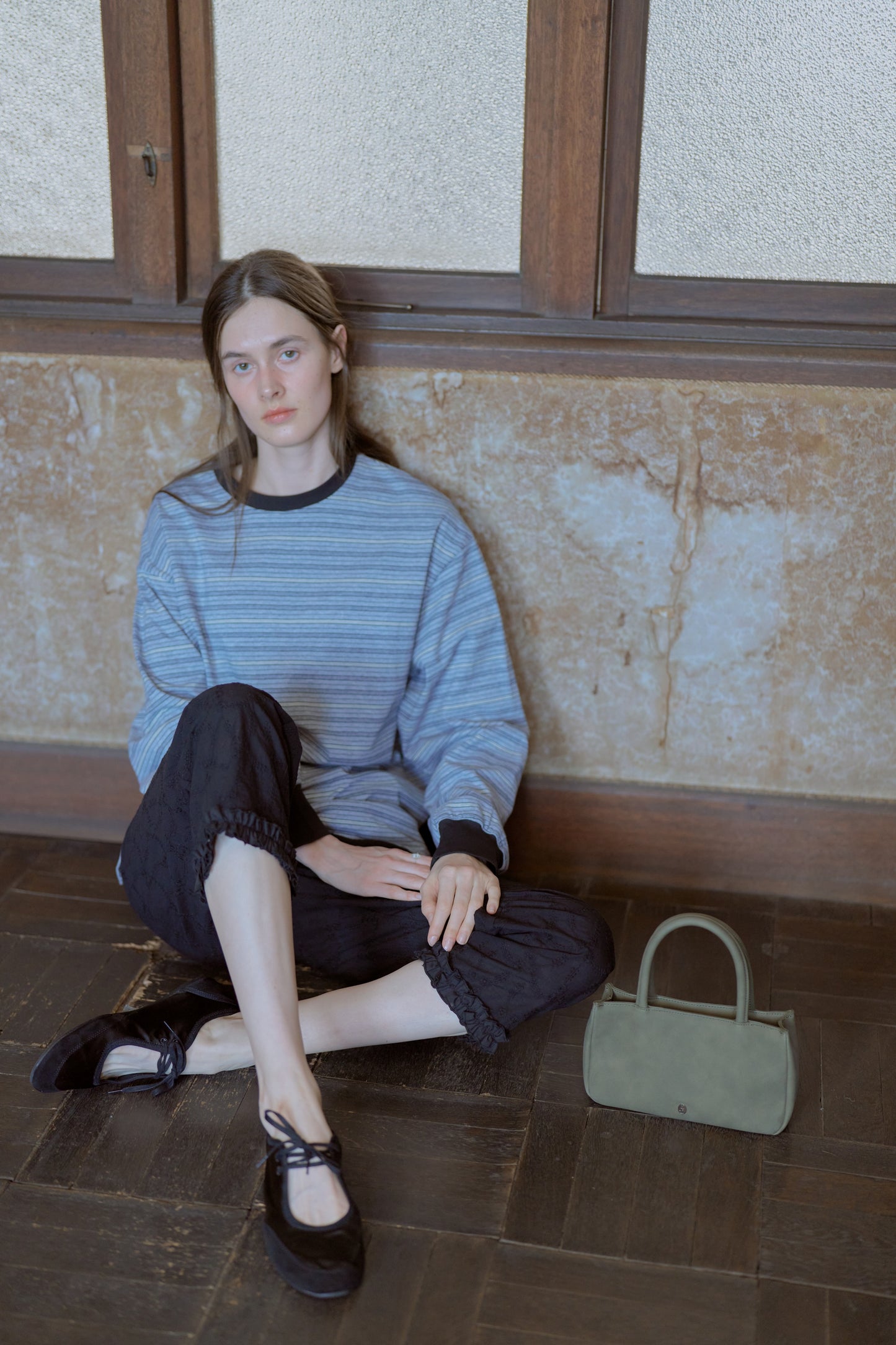 Multi border long T-shirt / gray