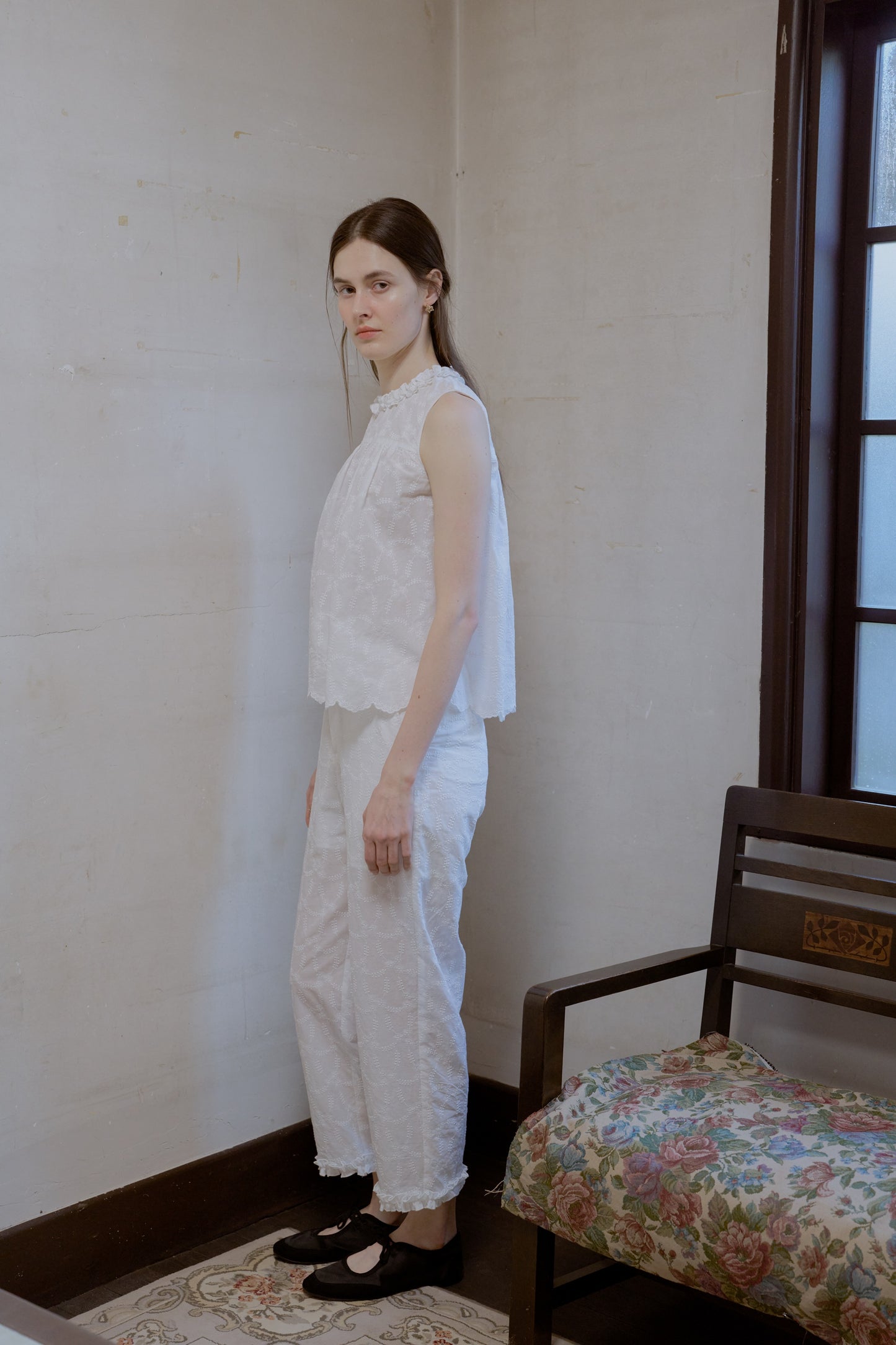 Cotton lace gather tunic / white