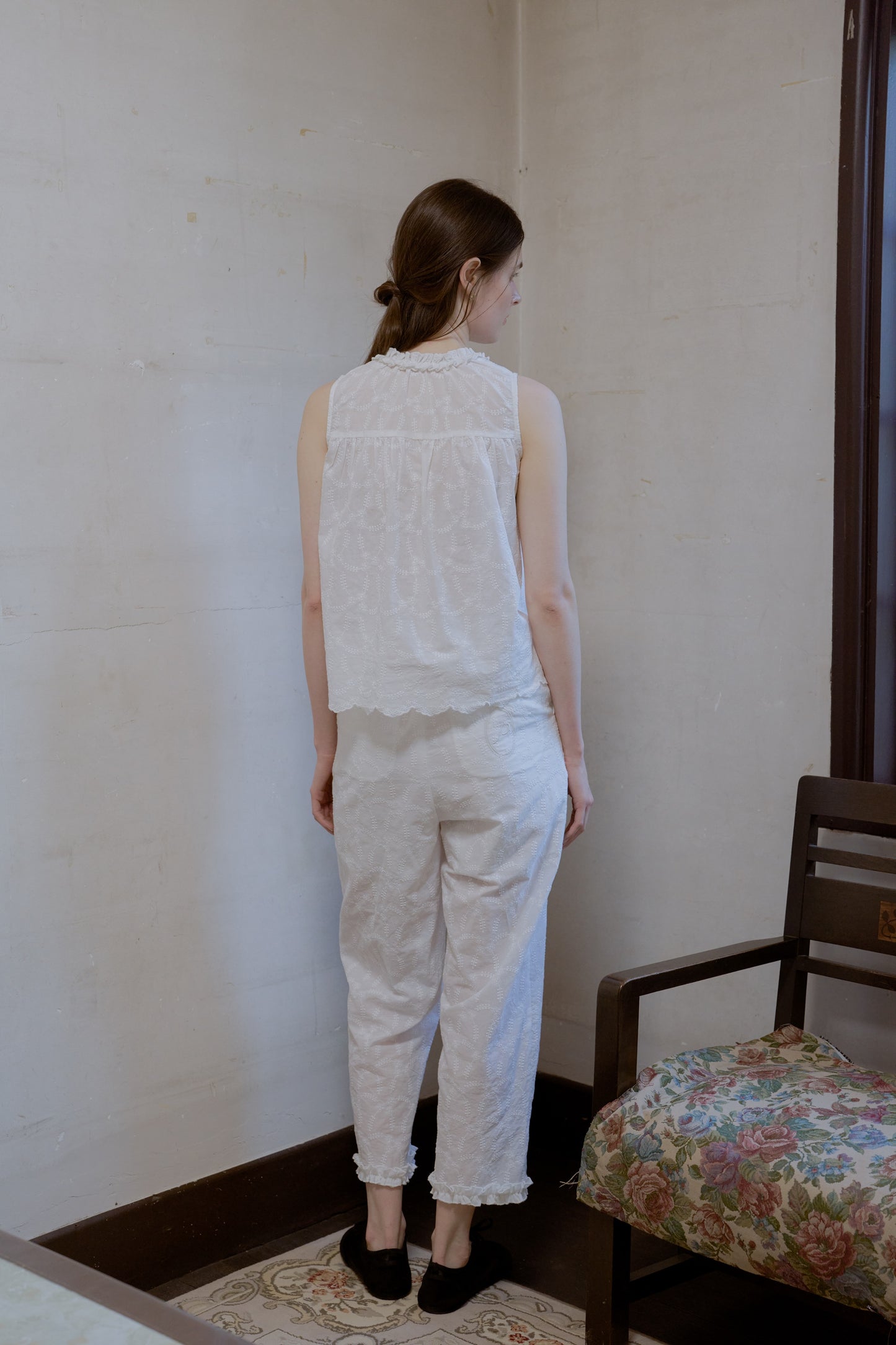 Cotton lace gather tunic / white