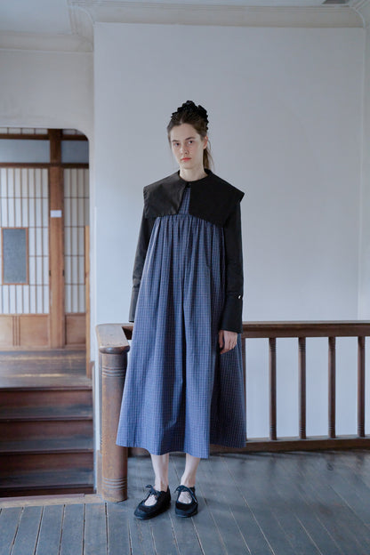 Tattersall check pin tuck dress/navy