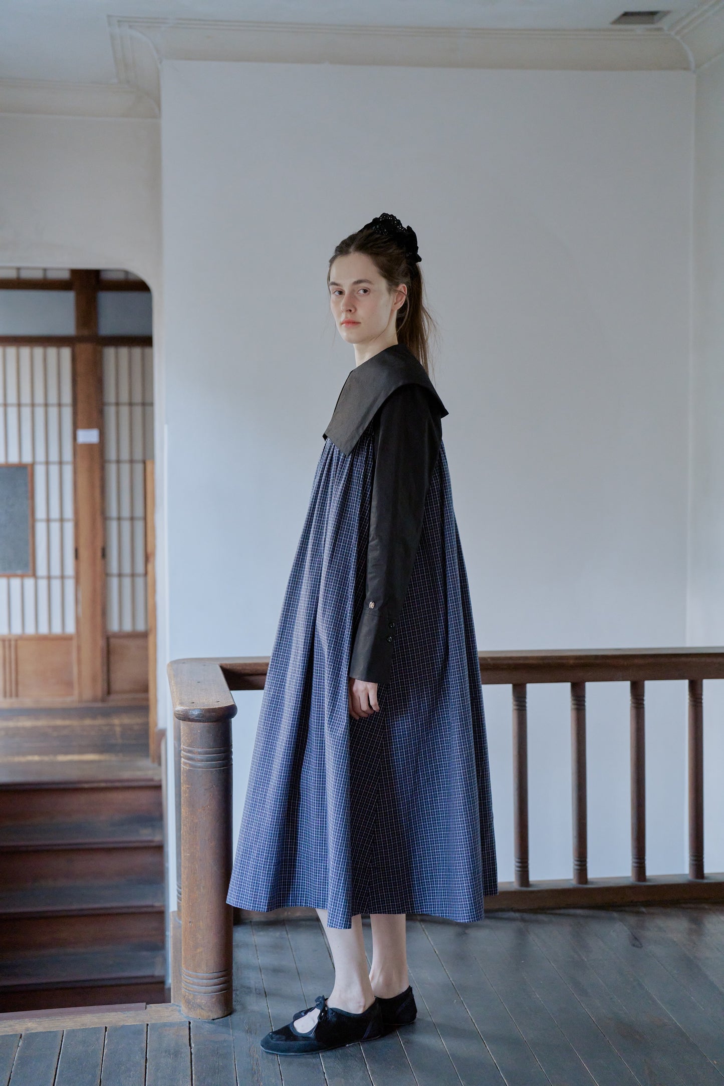 Tattersall check pin tuck dress/navy