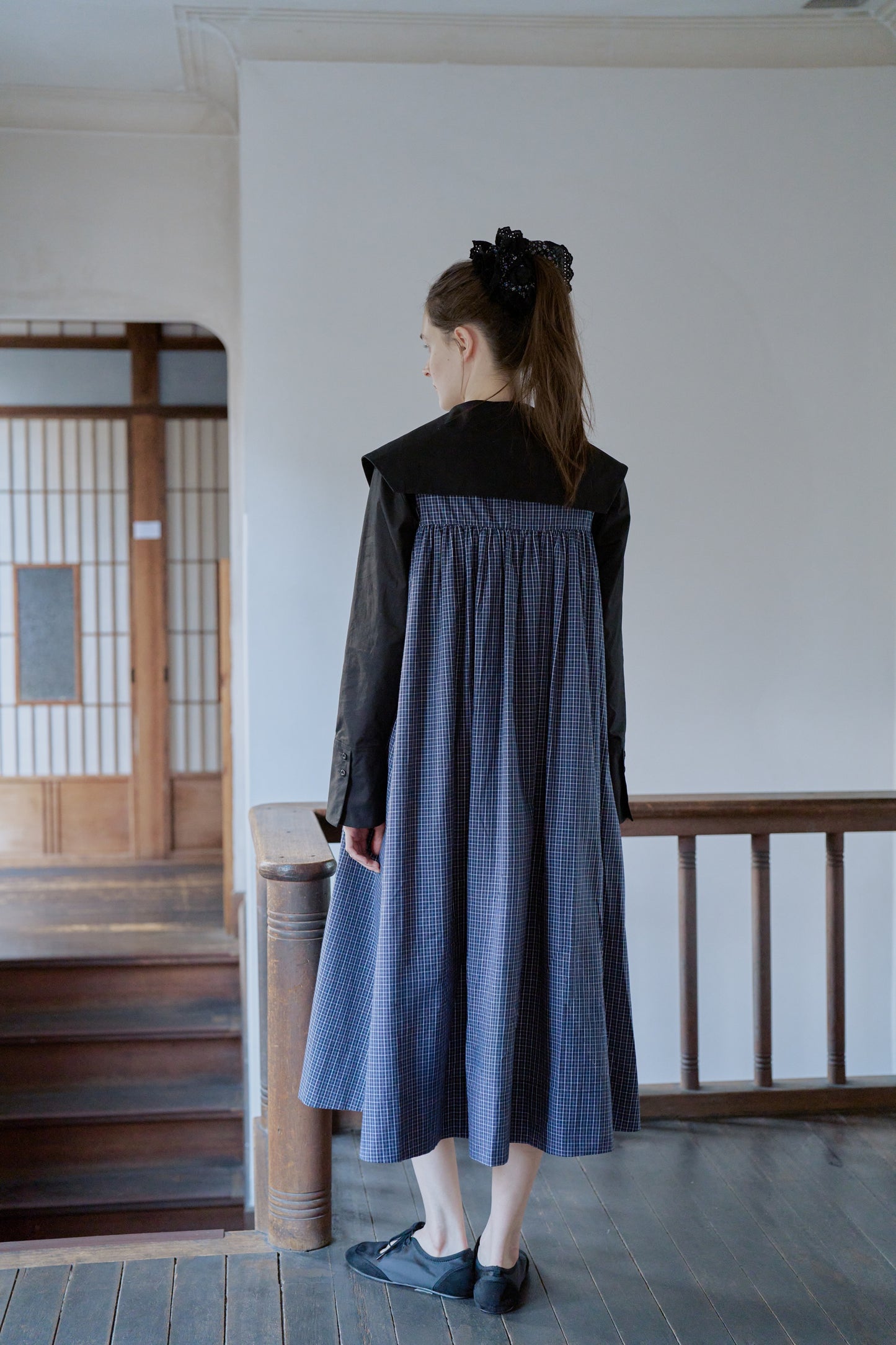 Tattersall check pin tuck dress/navy