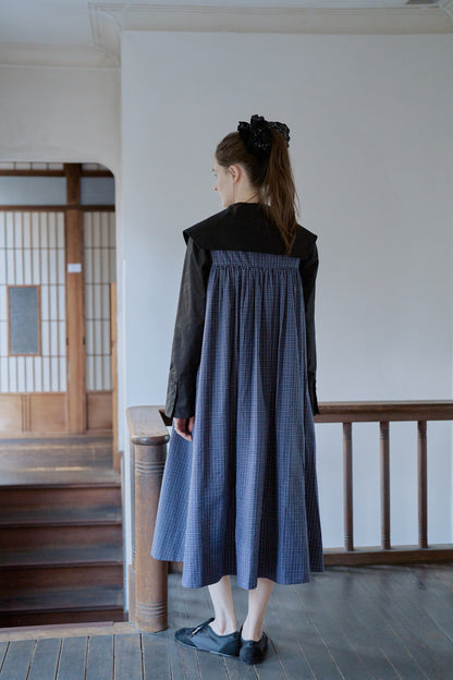 Tattersall check pin tuck dress/navy
