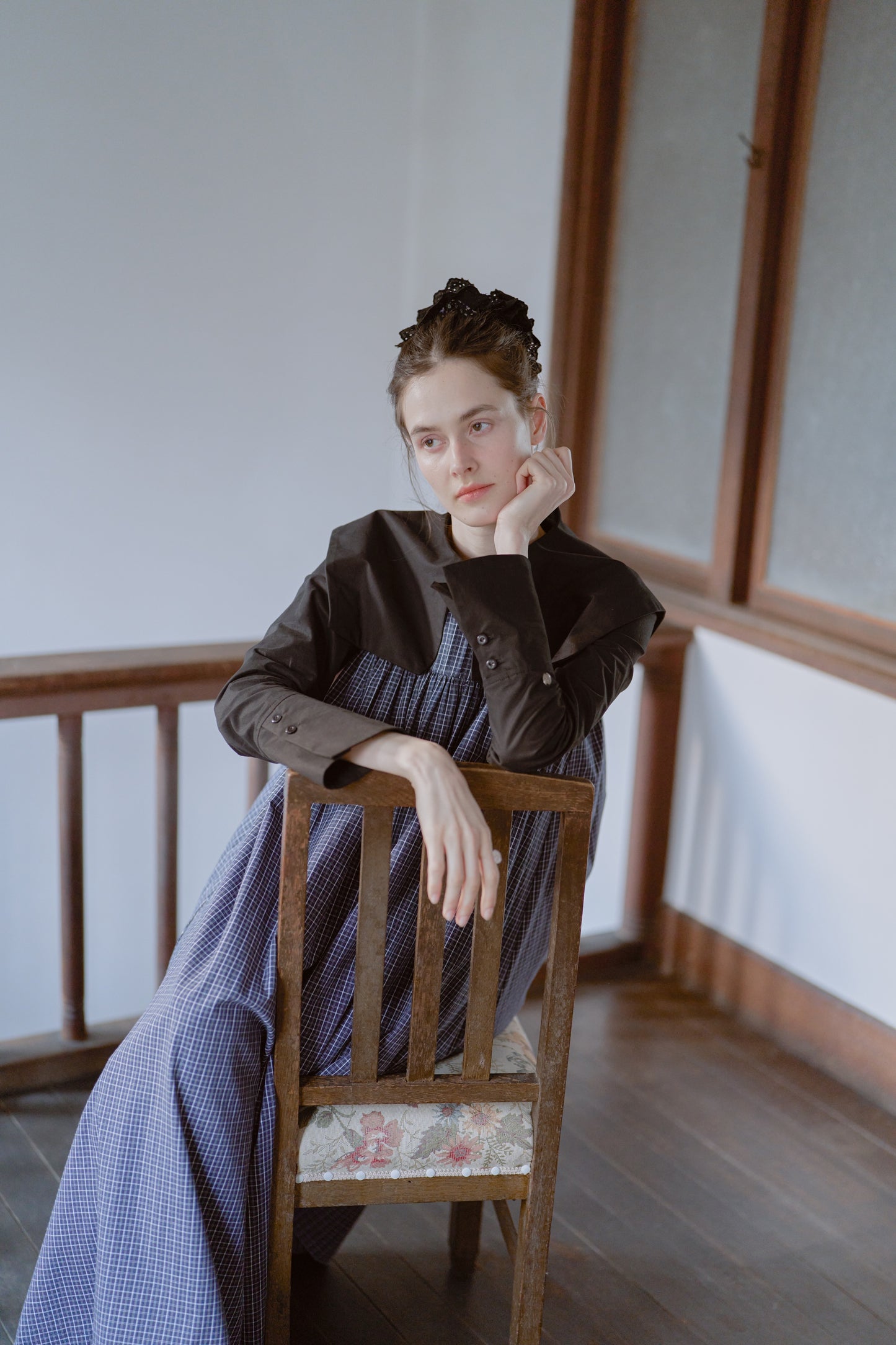 Tattersall check pin tuck dress/navy