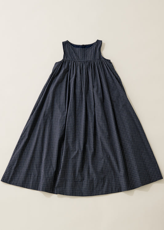 Tattersall check pin tuck dress/navy