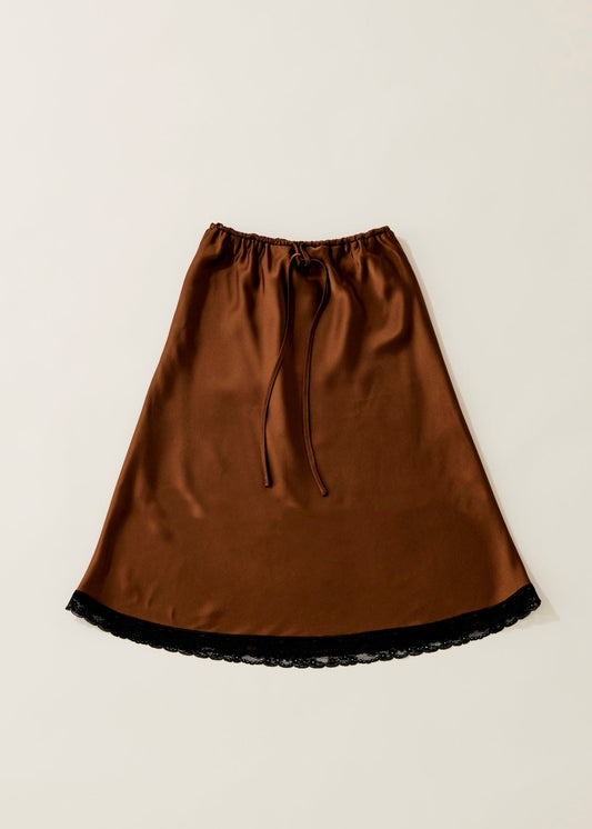 BlackLace hem satin skirt / almond
