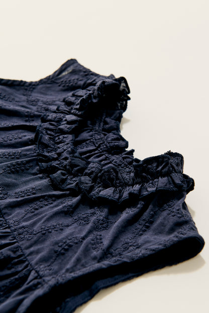Cotton lace gather tunic / black
