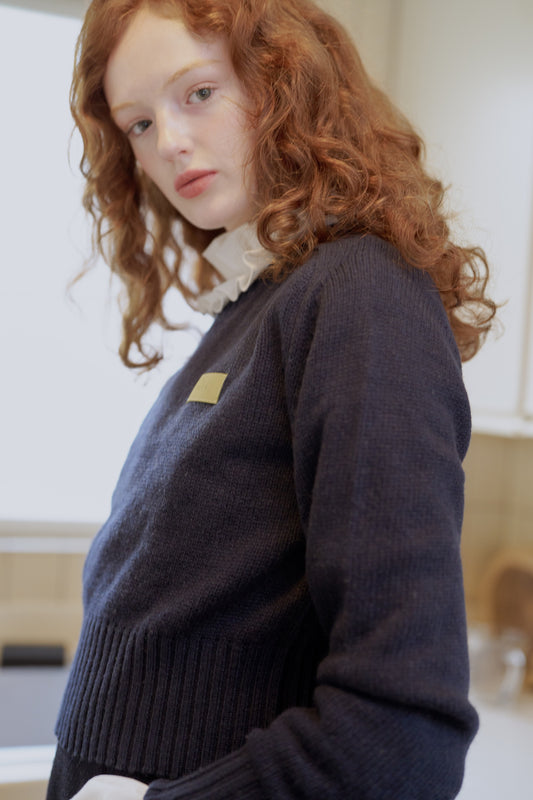 Leather Patch Knit Pullove / navy