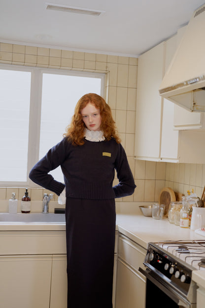 Leather Patch Knit Pullove / navy