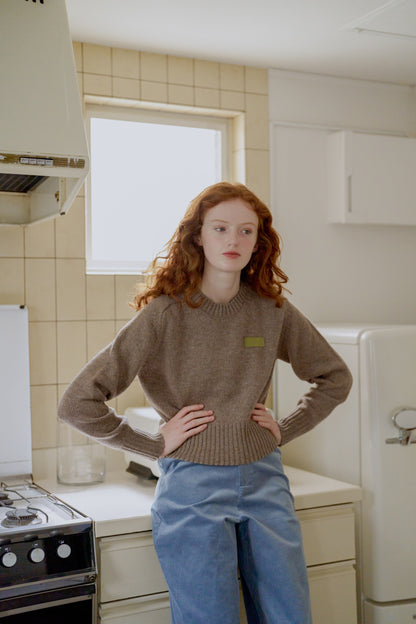 Leather Patch Knit Pullove / brown