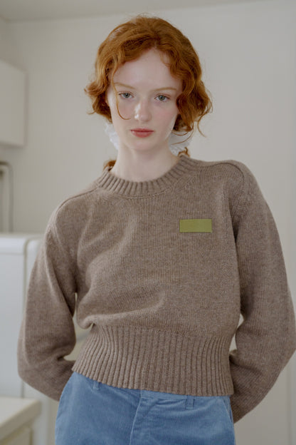 Leather Patch Knit Pullove / brown