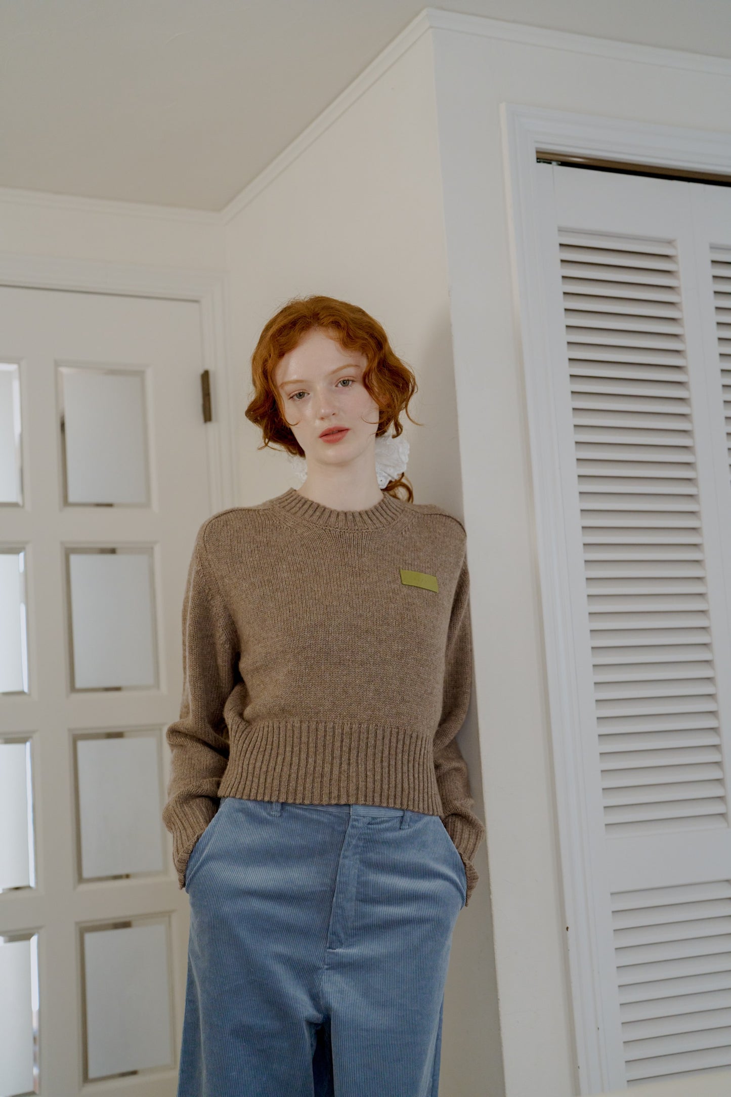 Leather Patch Knit Pullove / brown