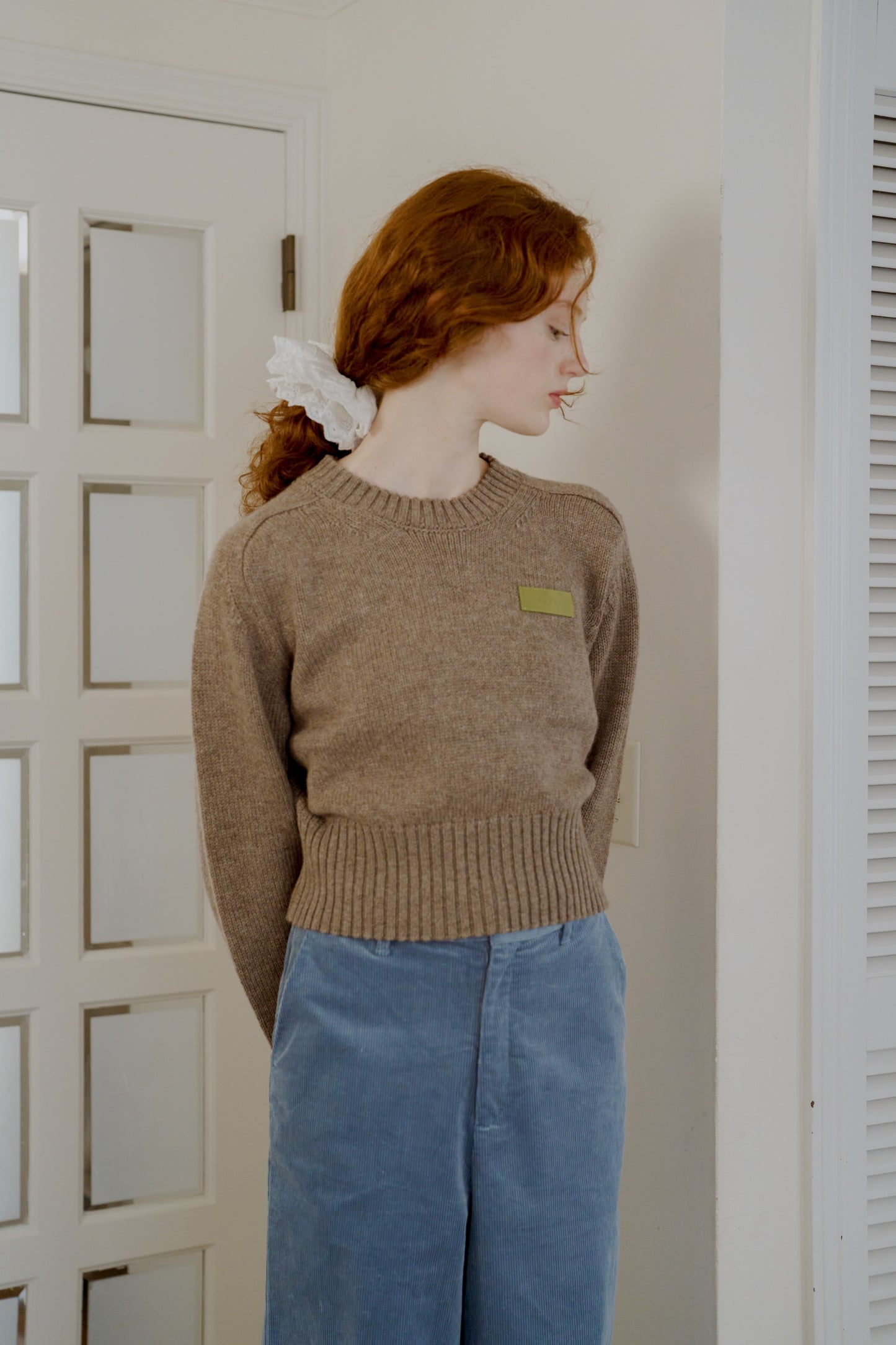 Leather Patch Knit Pullove / brown