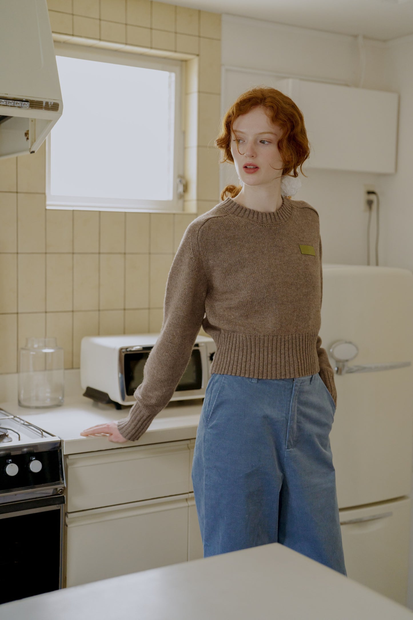 Leather Patch Knit Pullove / brown