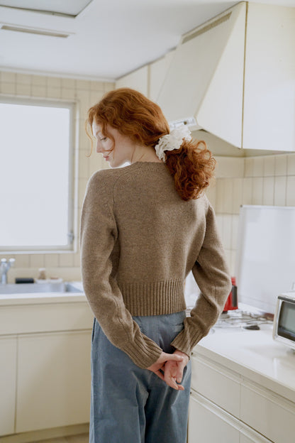 Leather Patch Knit Pullove / brown