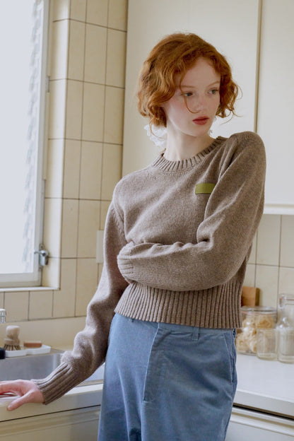 Leather Patch Knit Pullove / brown