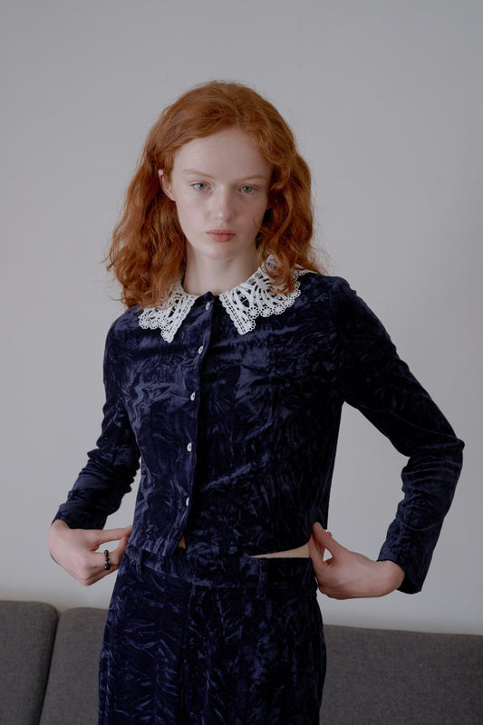 Lace collar velour cardigan / navy