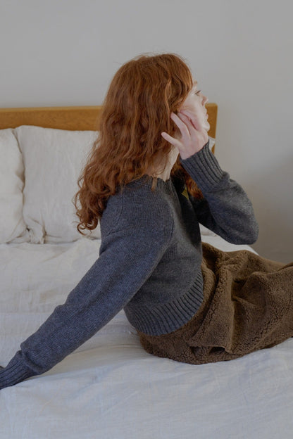 Leather Patch Knit Pullove / gray