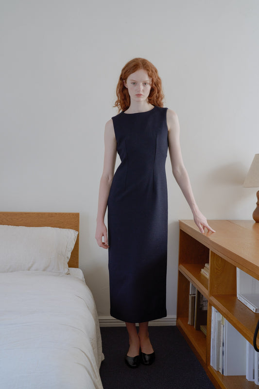 Tweed long dress / navy