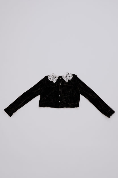 Lace collar velour cardigan / black