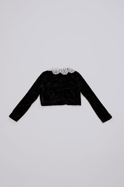 Lace collar velour cardigan / black