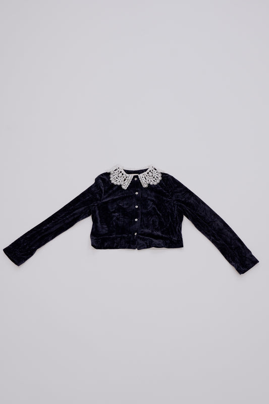 Lace collar velour cardigan / navy
