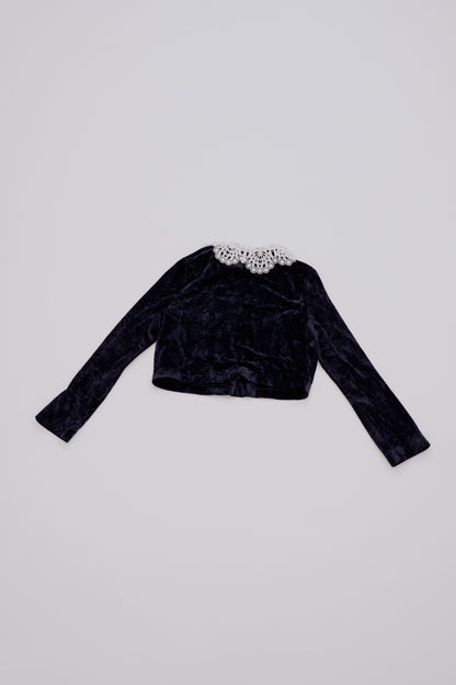 Lace collar velour cardigan / navy