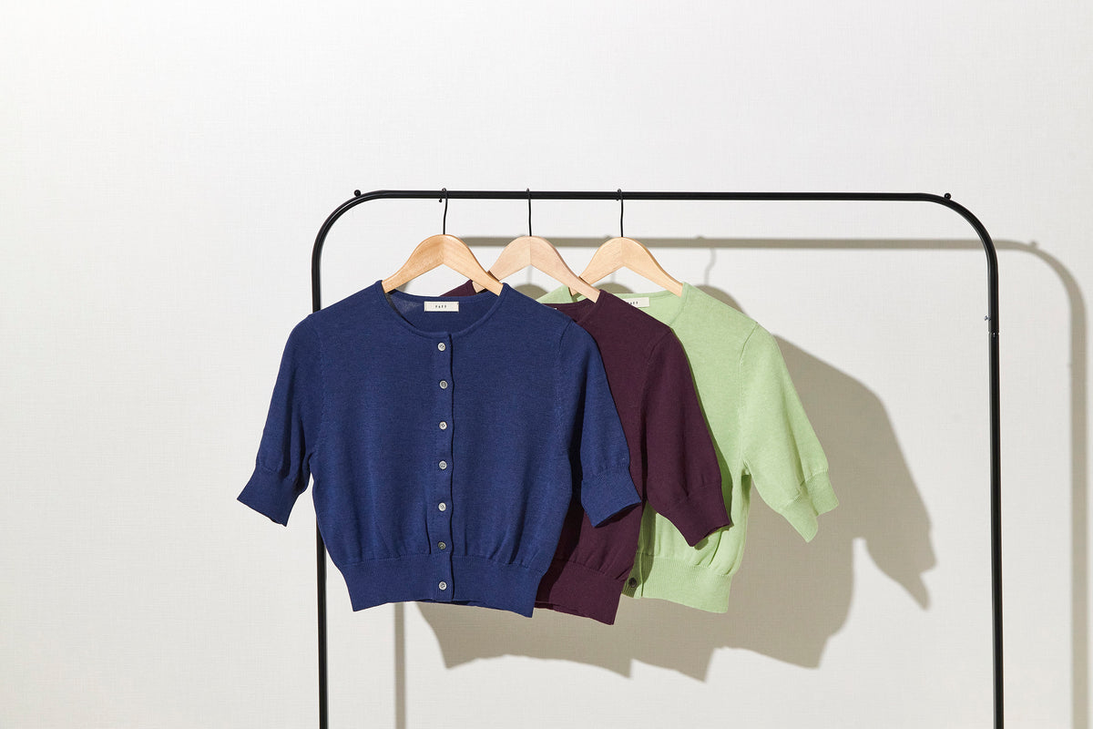 Fine knit half sleeve cardigan / Plum