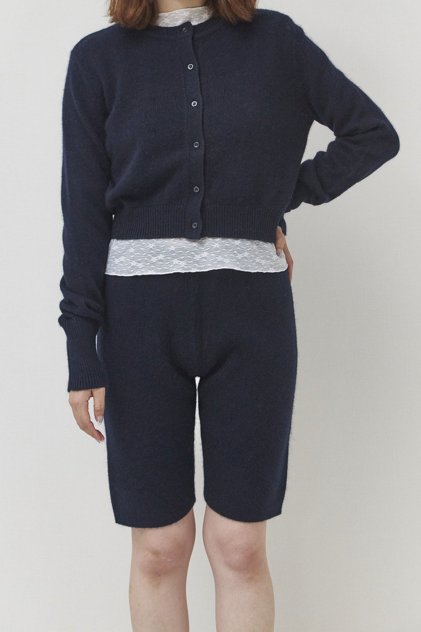 Angora blend plain knit cardigan / Navy