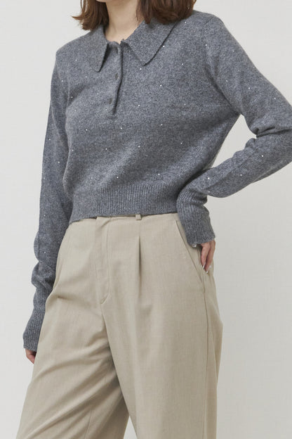 Crystal dot cropped polo knit / Gray