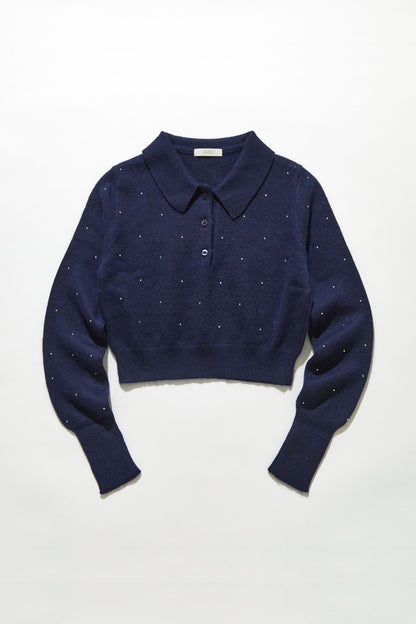 Crystal dot cropped polo knit / Navy