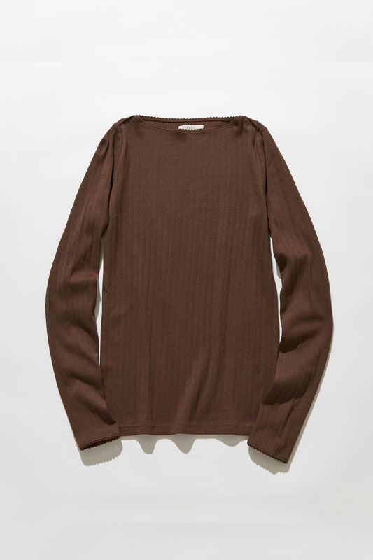 Eyelet lace boat-neck tops / Chocolate