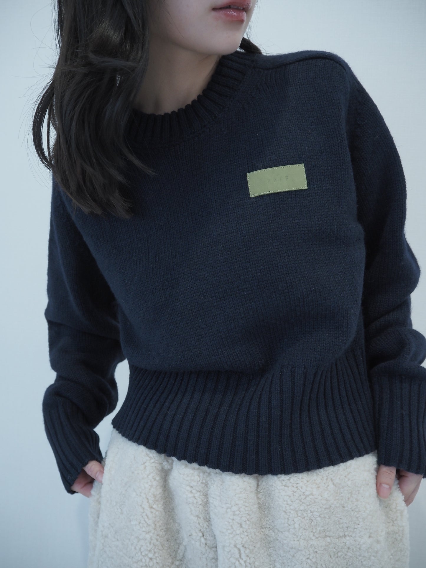 Leather Patch Knit Pullove / navy