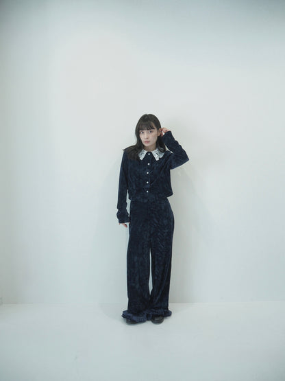 Lace collar velour cardigan / navy