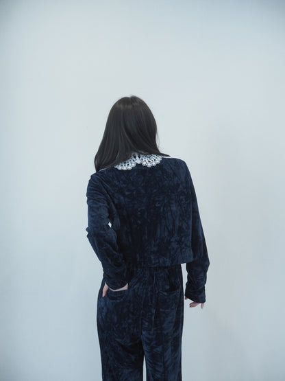 Lace collar velour cardigan / navy