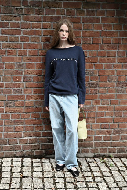 Random button relax knit pullover / fog navy