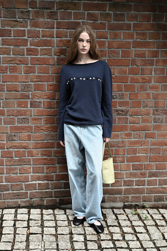 Random button relax knit pullover / fog navy