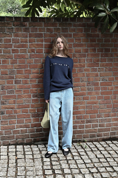 Random button relax knit pullover / fog navy